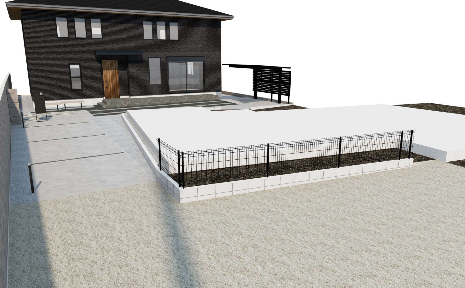 宅配ポストとエクステリアライトを含む外構全体のイメージパース