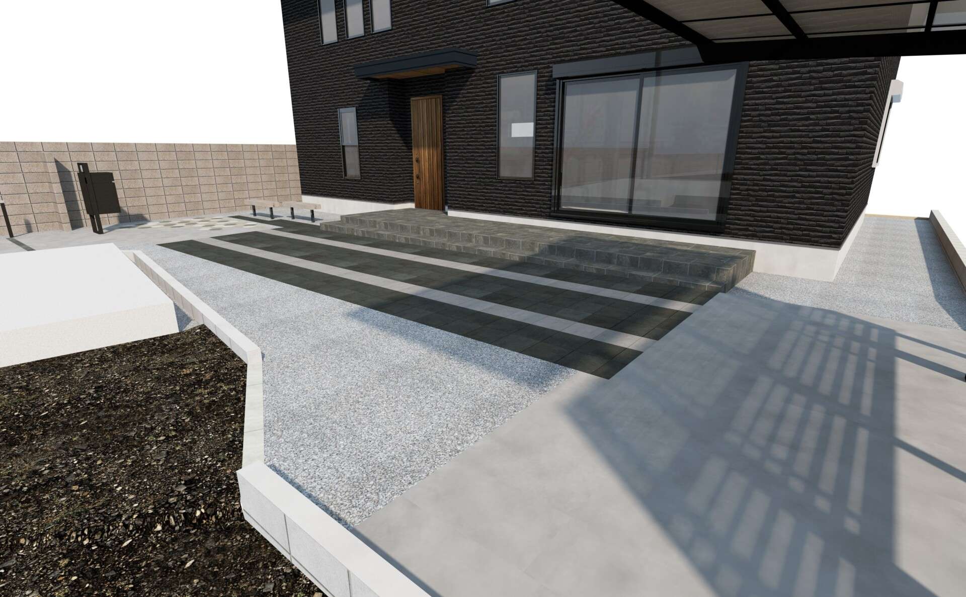 透水性舗装と砕石敷きを組み合わせた外構全体の3Dパース