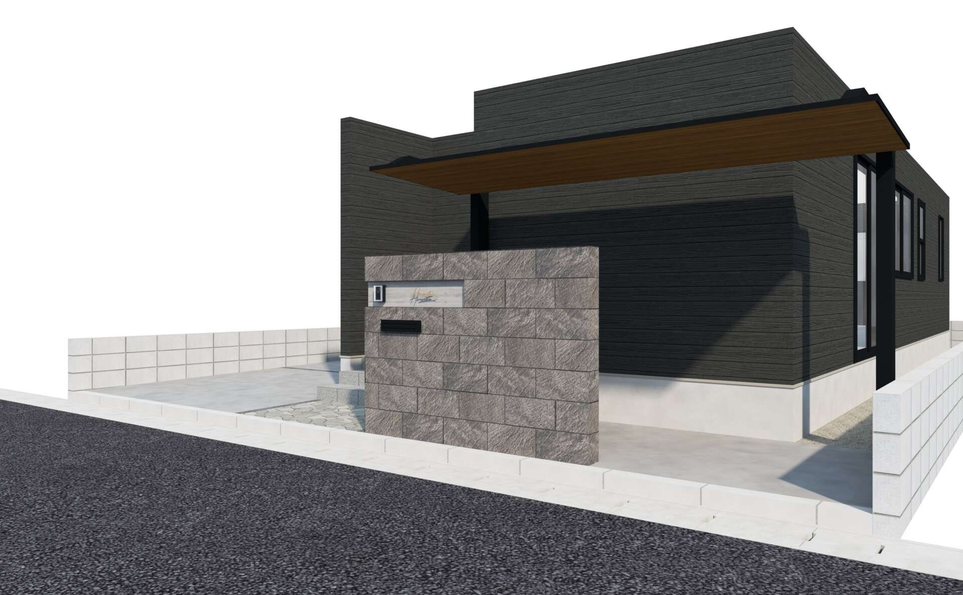 門柱と自然石アプローチを含めた3Dパース外構イメージ