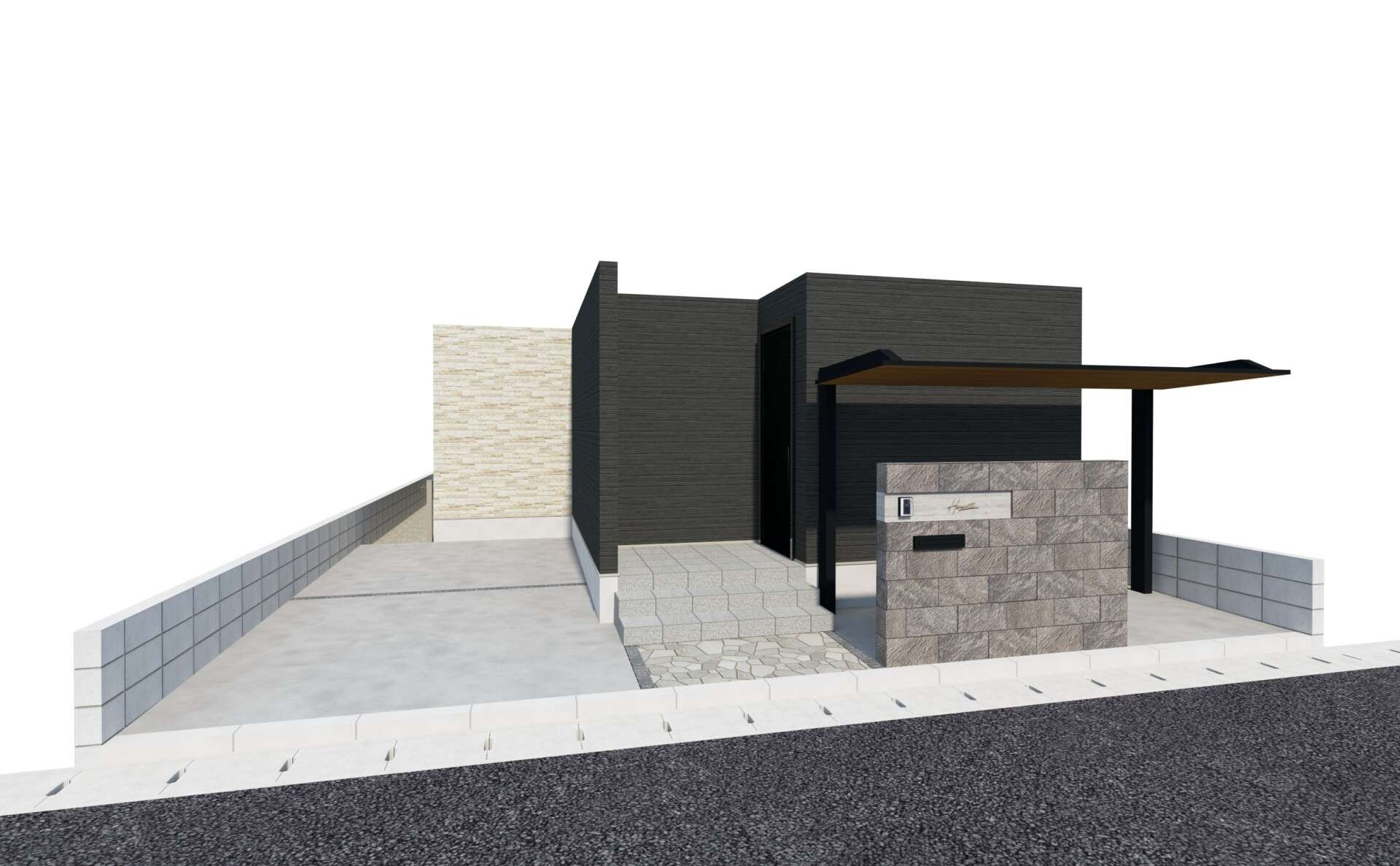 駐輪スペースと門まわりを組み合わせた3Dパース