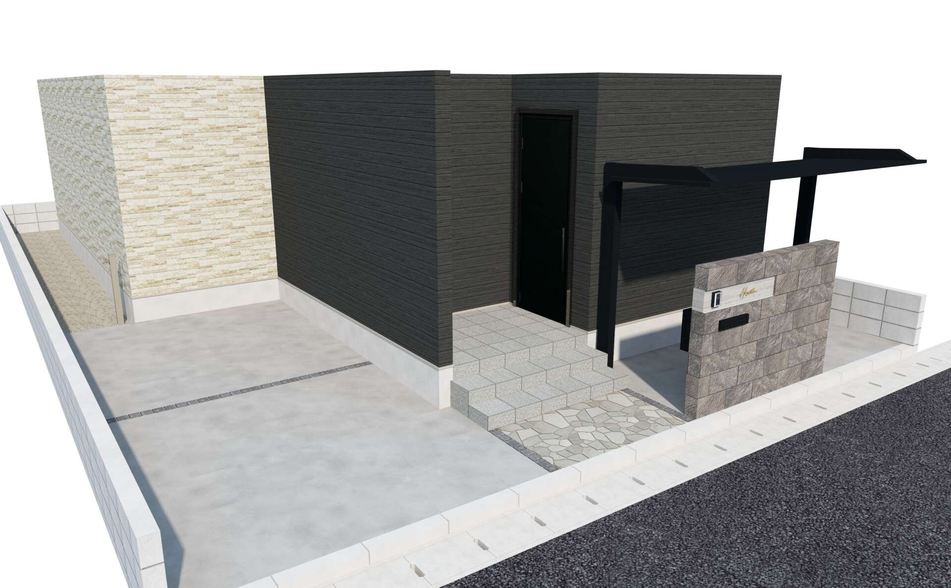 全体構成を確認できる外構3Dパースの俯瞰イメージ