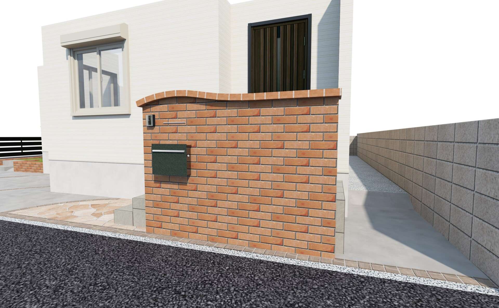 レンガ門柱と天然石アプローチが映える門まわりの３Dパース（さいたま市）