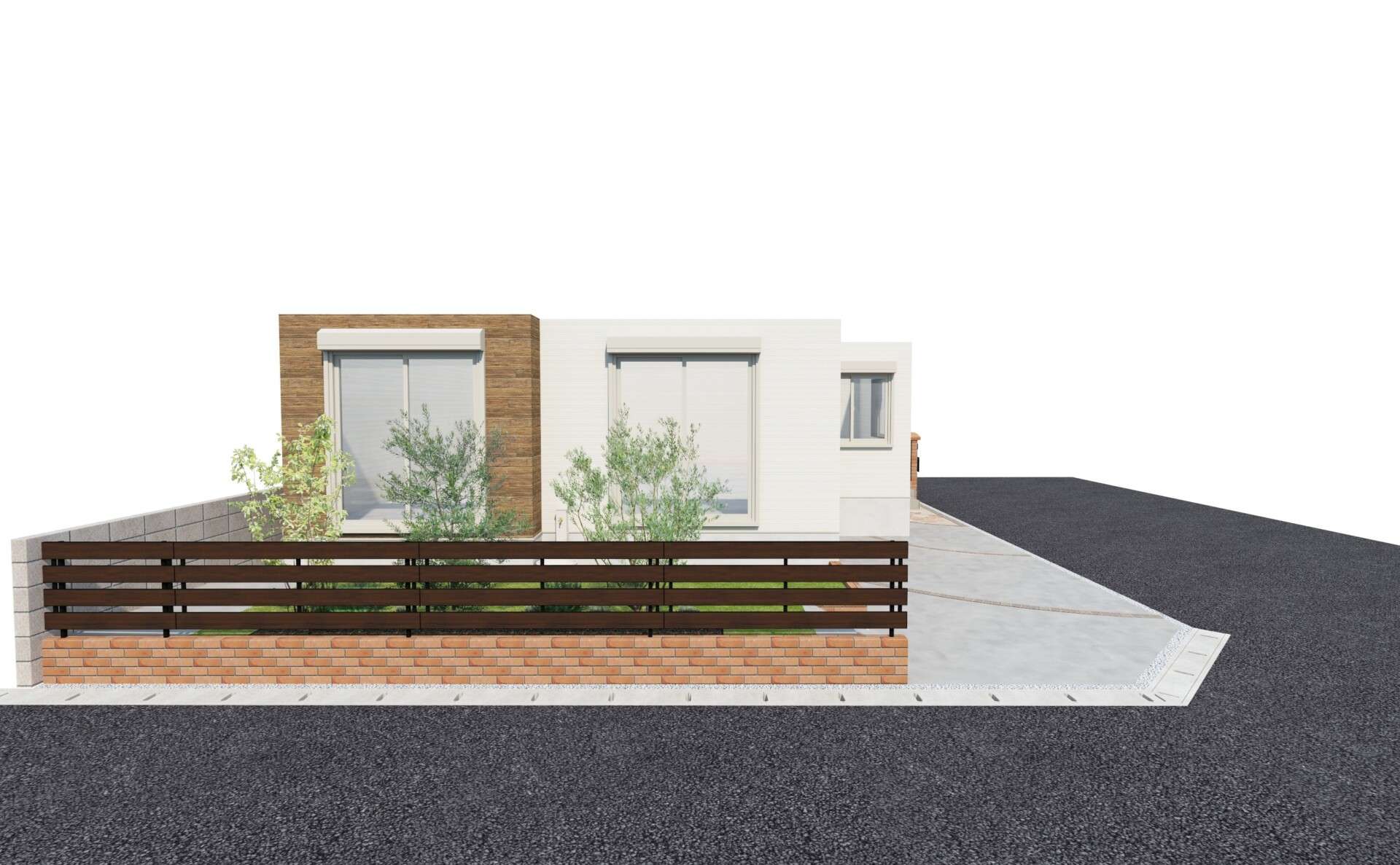 門まわりから庭まわりまで統一感のある外構デザインの３Dパース（さいたま市）