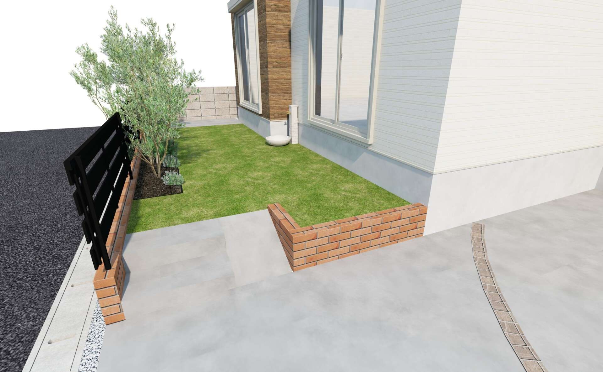 人工芝と花壇、木目調フェンスを備えた庭まわりの３Dパース（さいたま市）