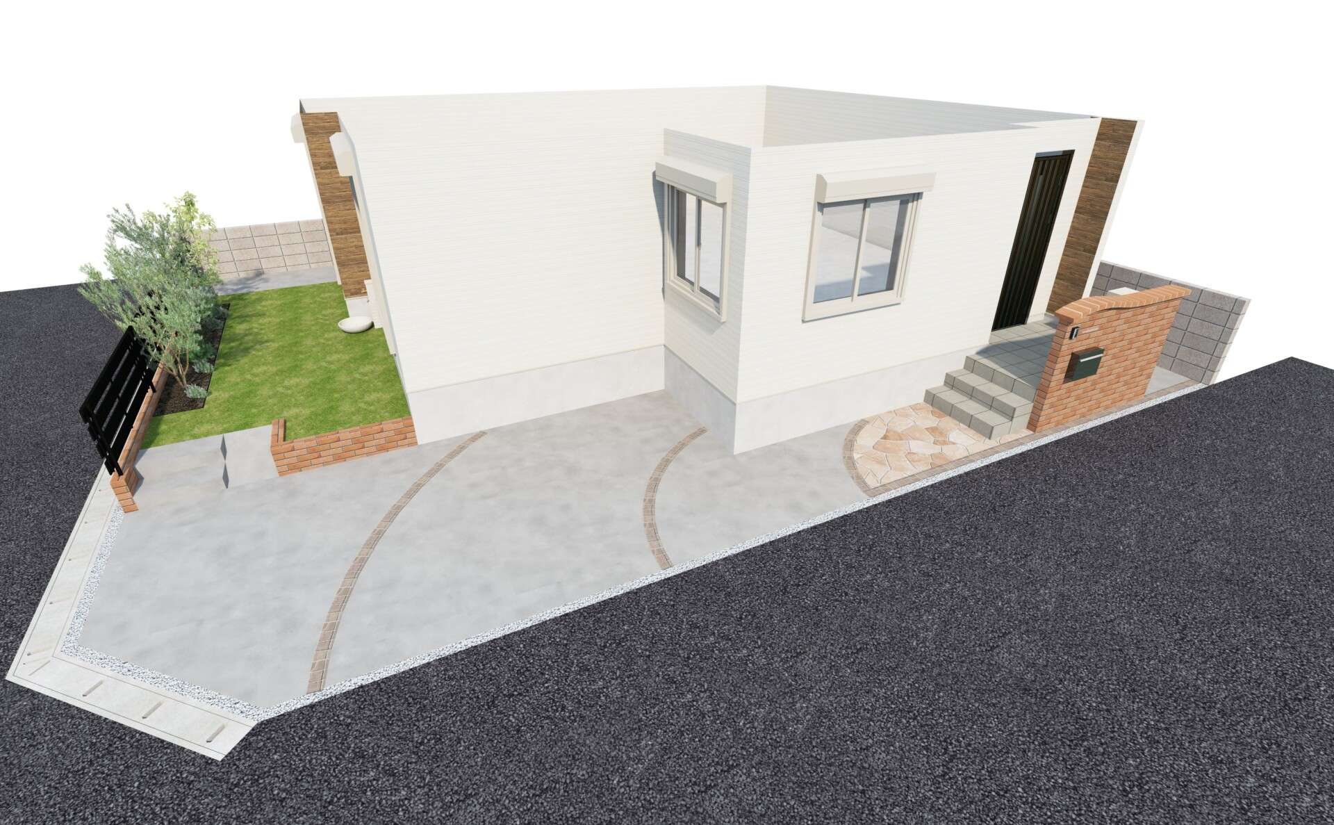 洋風ナチュラル外構の完成イメージ３Dパース（さいたま市）