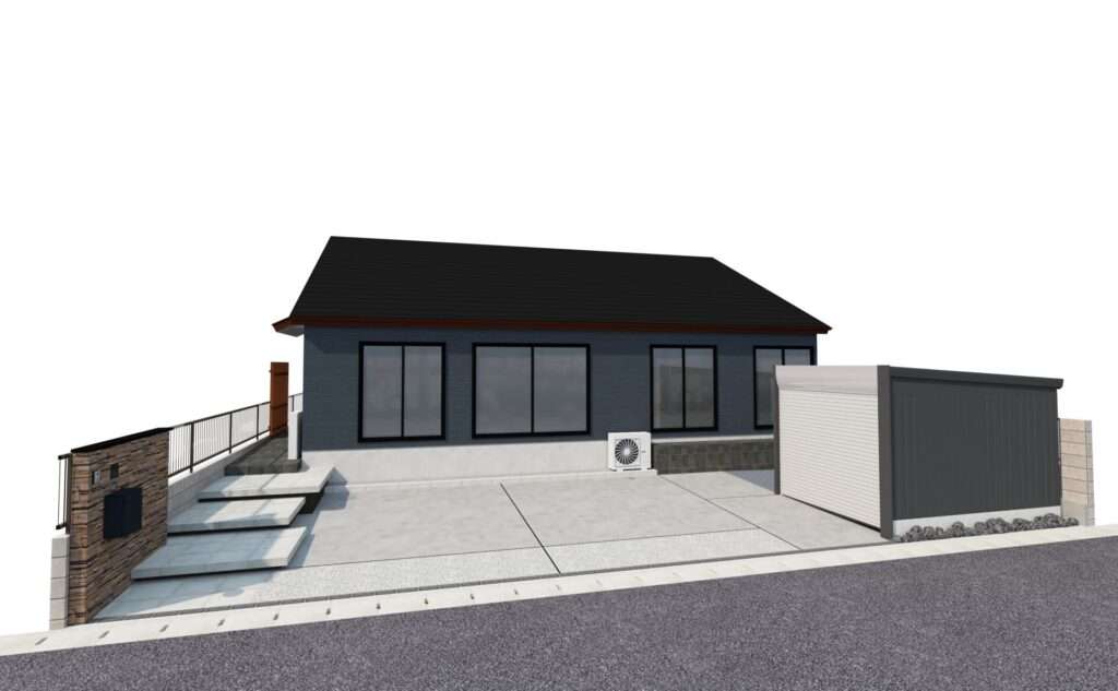 春日部市 モダン平屋外構の3Dパース。門柱とアプローチ、千本格子の位置関係を上空から俯瞰した完成イメージ。