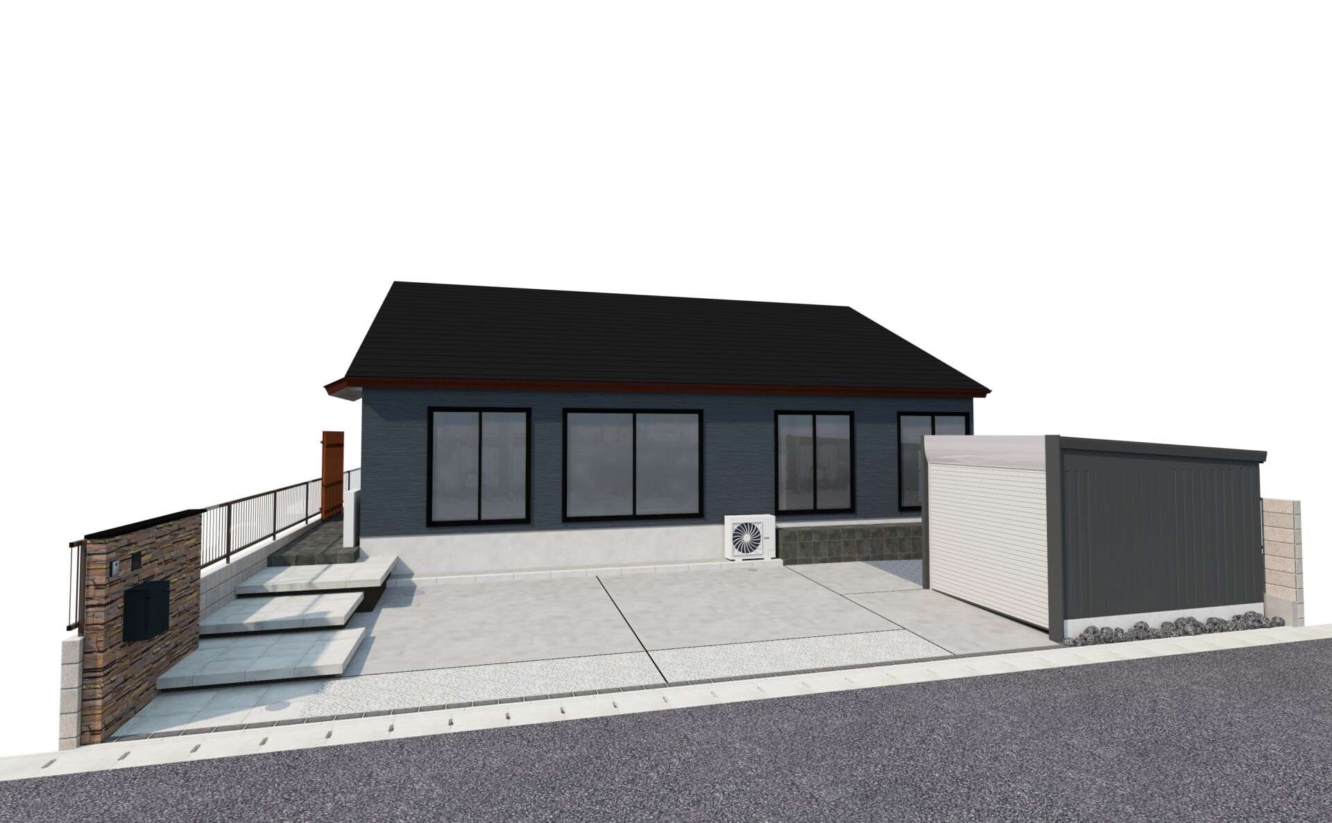 春日部市 モダン平屋外構の3Dパース。門柱とアプローチ、千本格子の位置関係を上空から俯瞰した完成イメージ。