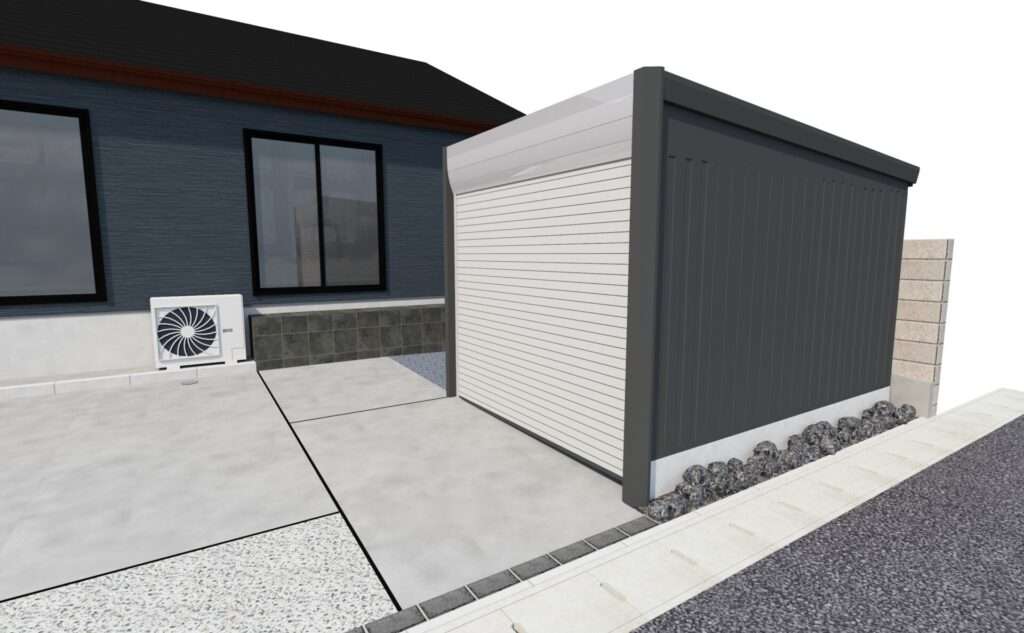 春日部市 モダン平屋外構の3Dパース。浮き階段アプローチから門柱、バイクガレージまでを斜め方向から見た完成イメージ。