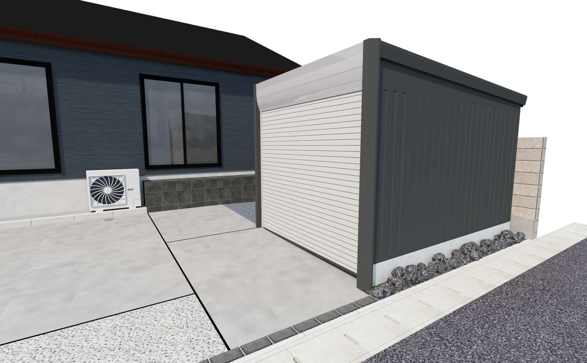 春日部市 モダン平屋外構の3Dパース。浮き階段アプローチから門柱、バイクガレージまでを斜め方向から見た完成イメージ。