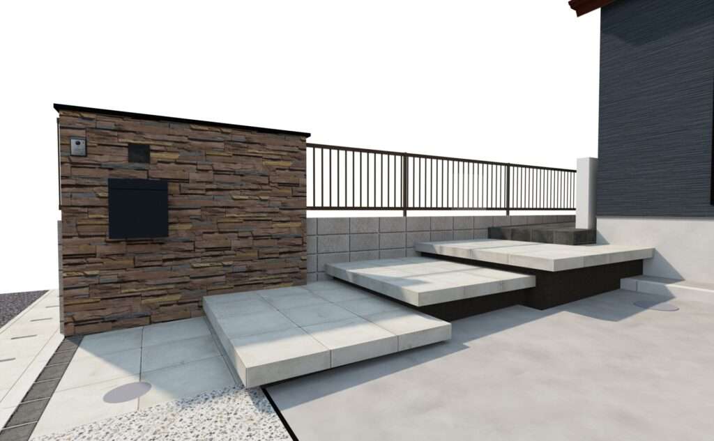 春日部市 モダン平屋外構の3Dパース。浮き階段アプローチと2mのタイル門柱を正面から見た完成イメージ。