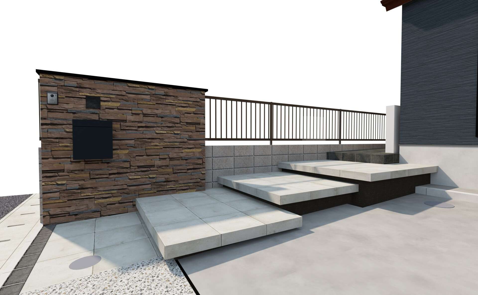 春日部市 モダン平屋外構の3Dパース。浮き階段アプローチと2mのタイル門柱を正面から見た完成イメージ。