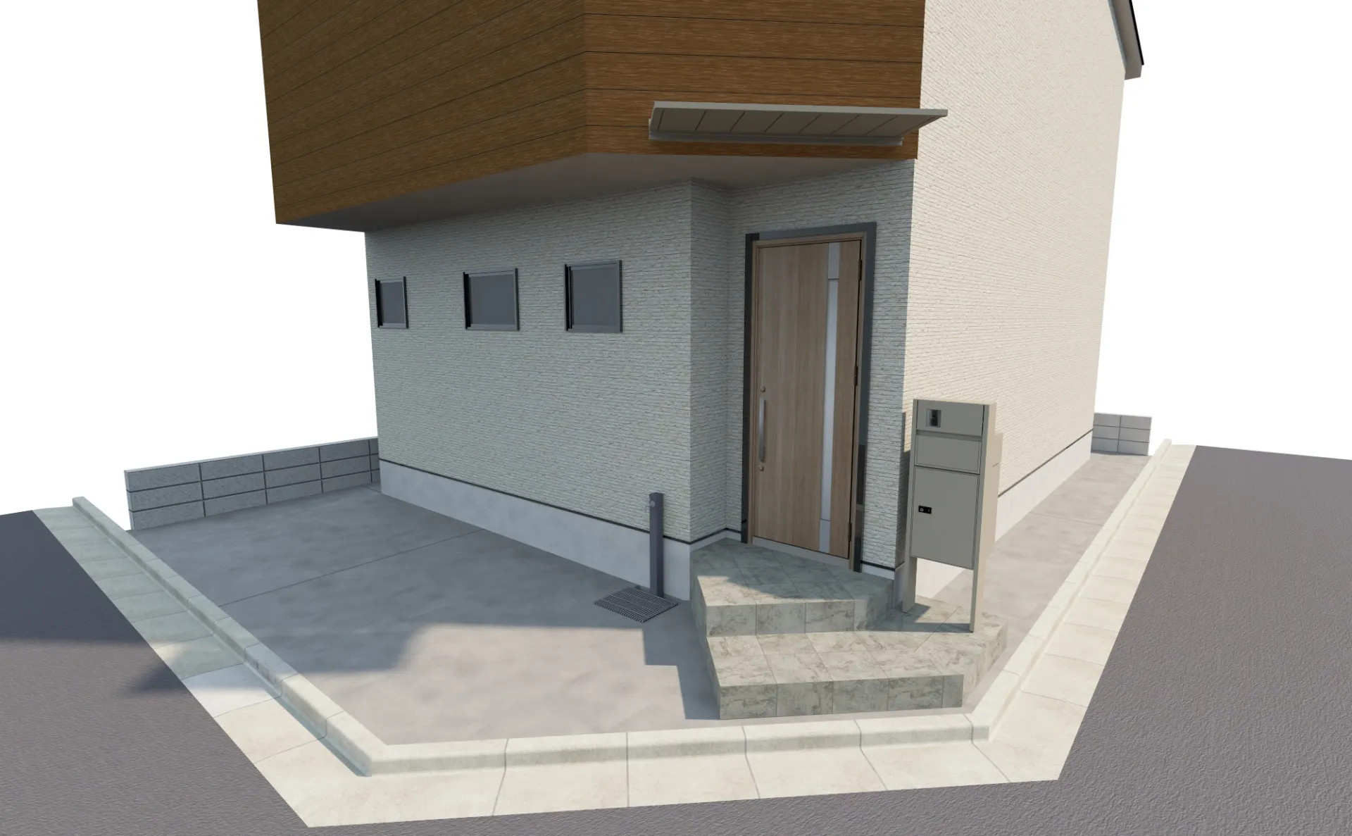 隅切りのある角地の新築外構の3DCADパース