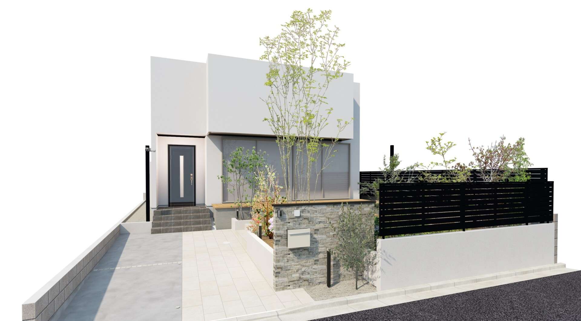 門柱・フェンス・タイルデッキが一体になった外構全景パース