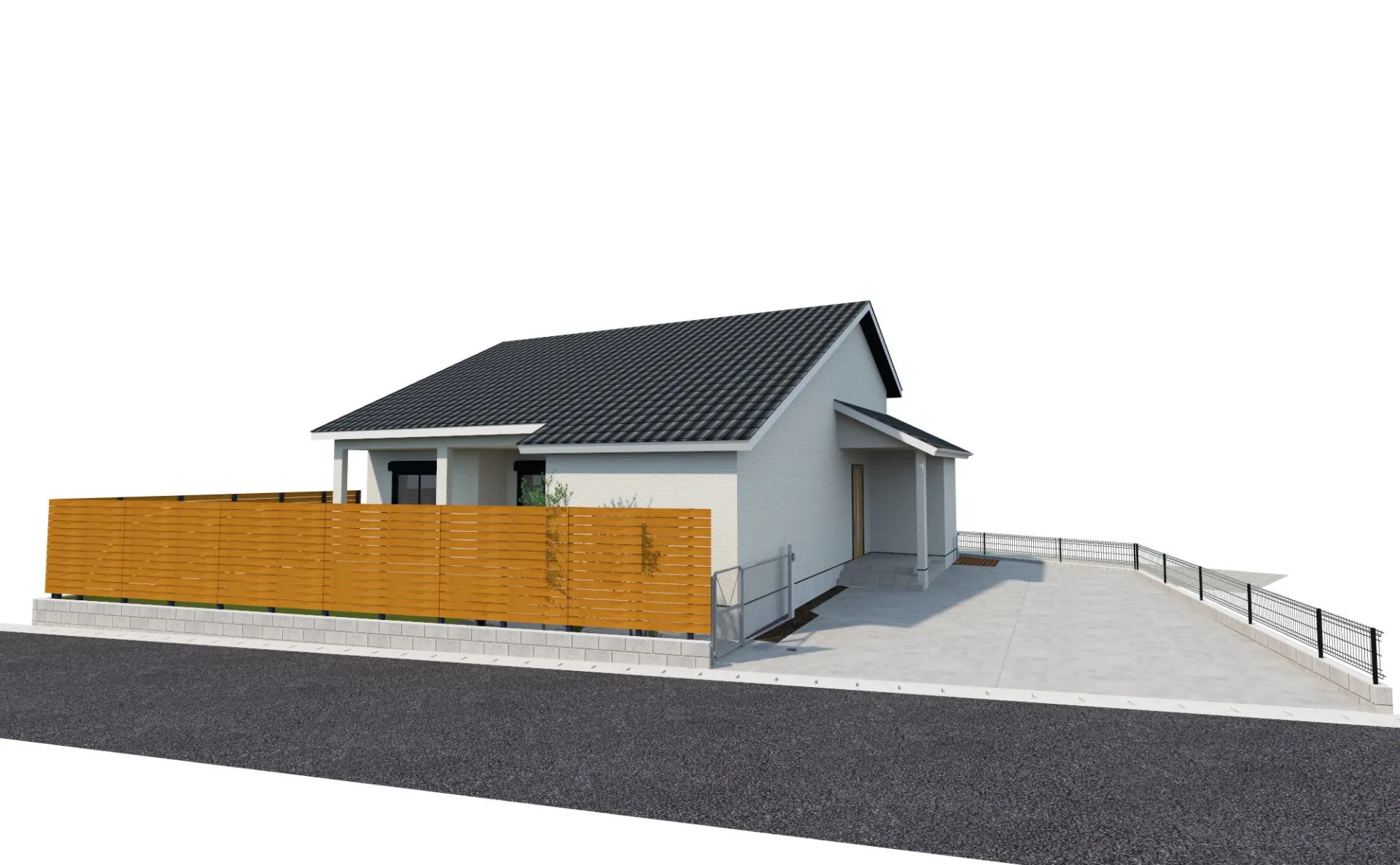 新築平屋と外構全体の完成イメージを示した3DCADパース（越谷市）