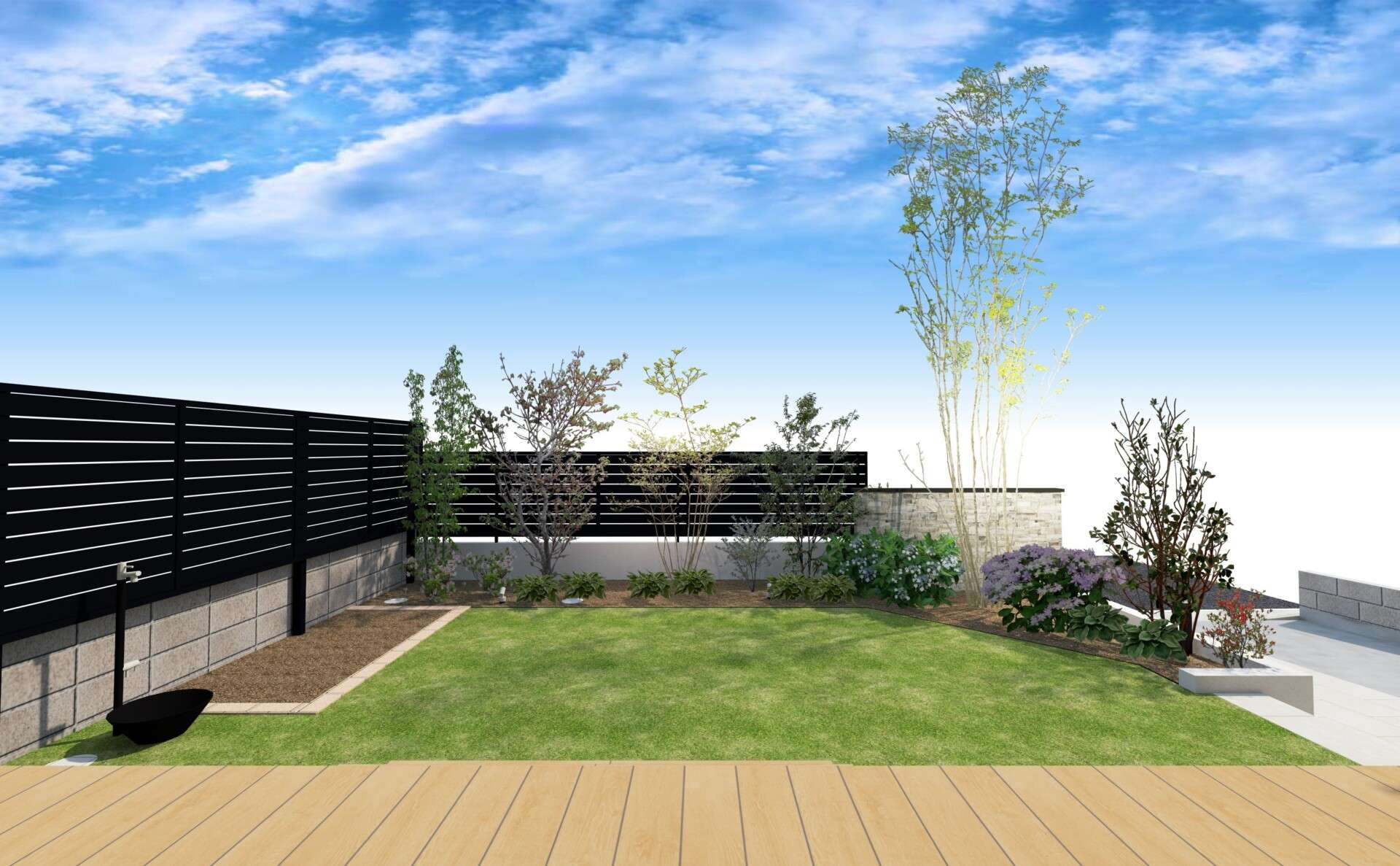 ナチュラルガーデンとタイルデッキを俯瞰で見た3Dイメージ