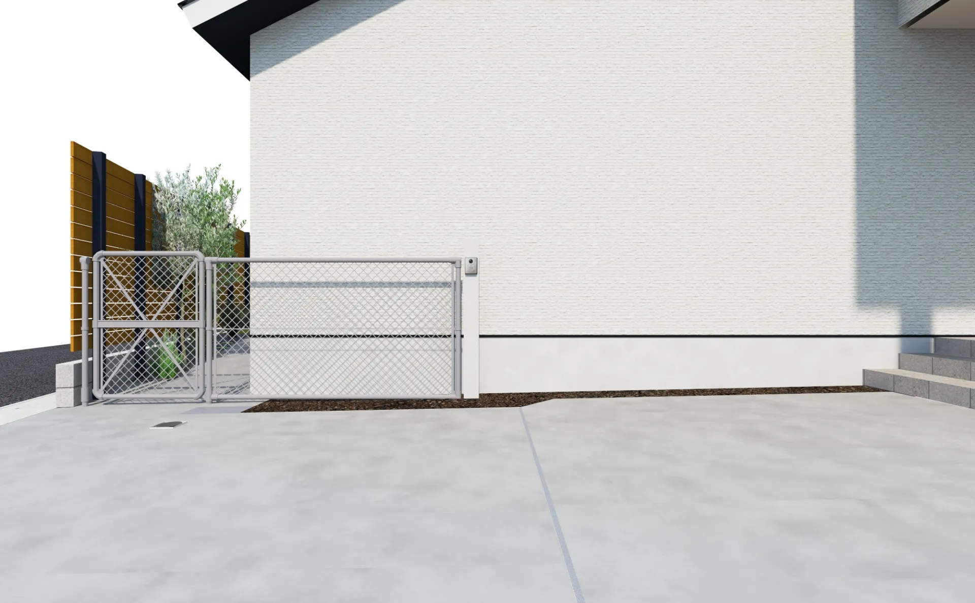 ゲートまわりの完成イメージを示した3DCADパース（越谷市・西海岸風外構）