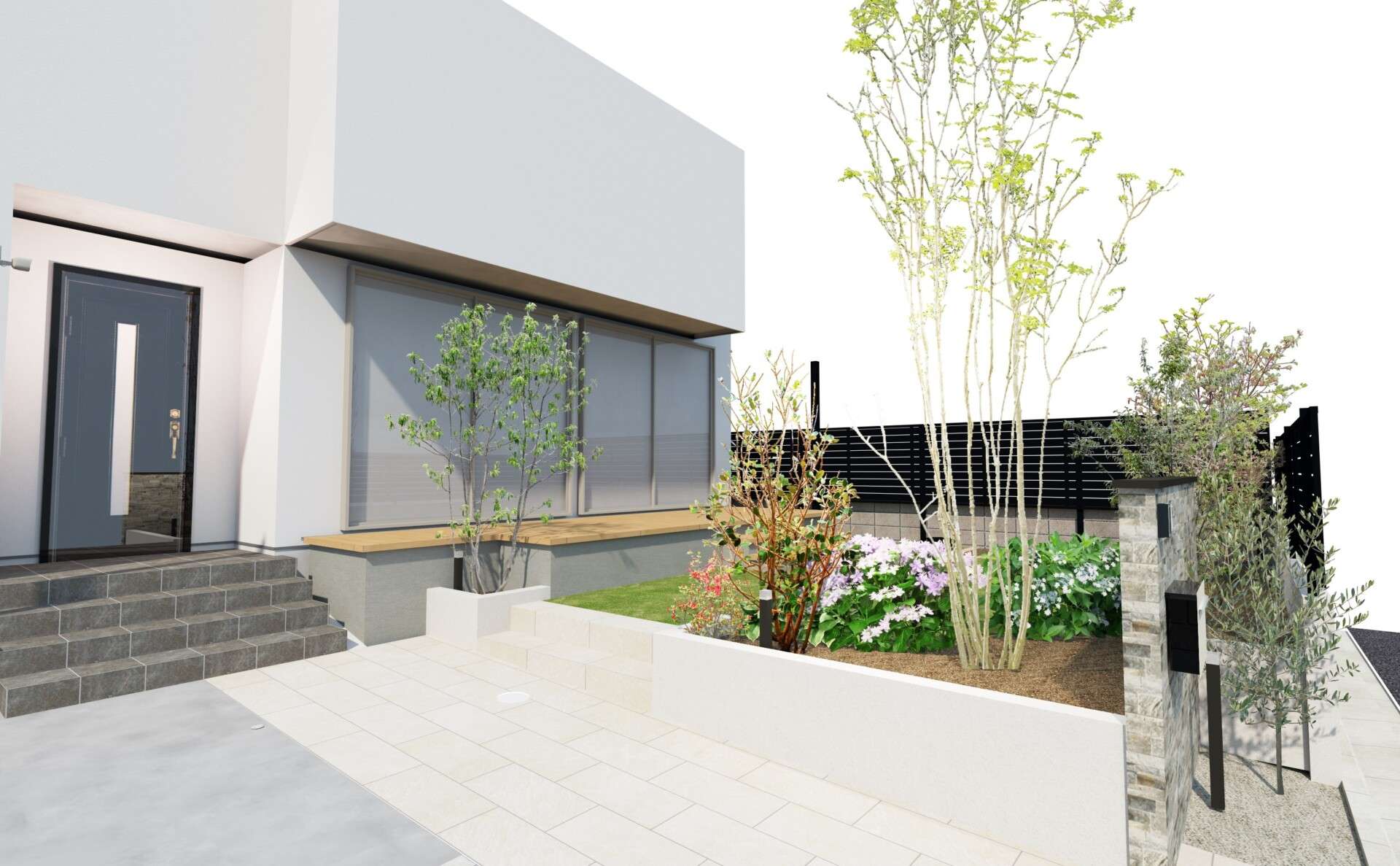 庭・デッキ・植栽のゾーニングが分かる立体的なパース図