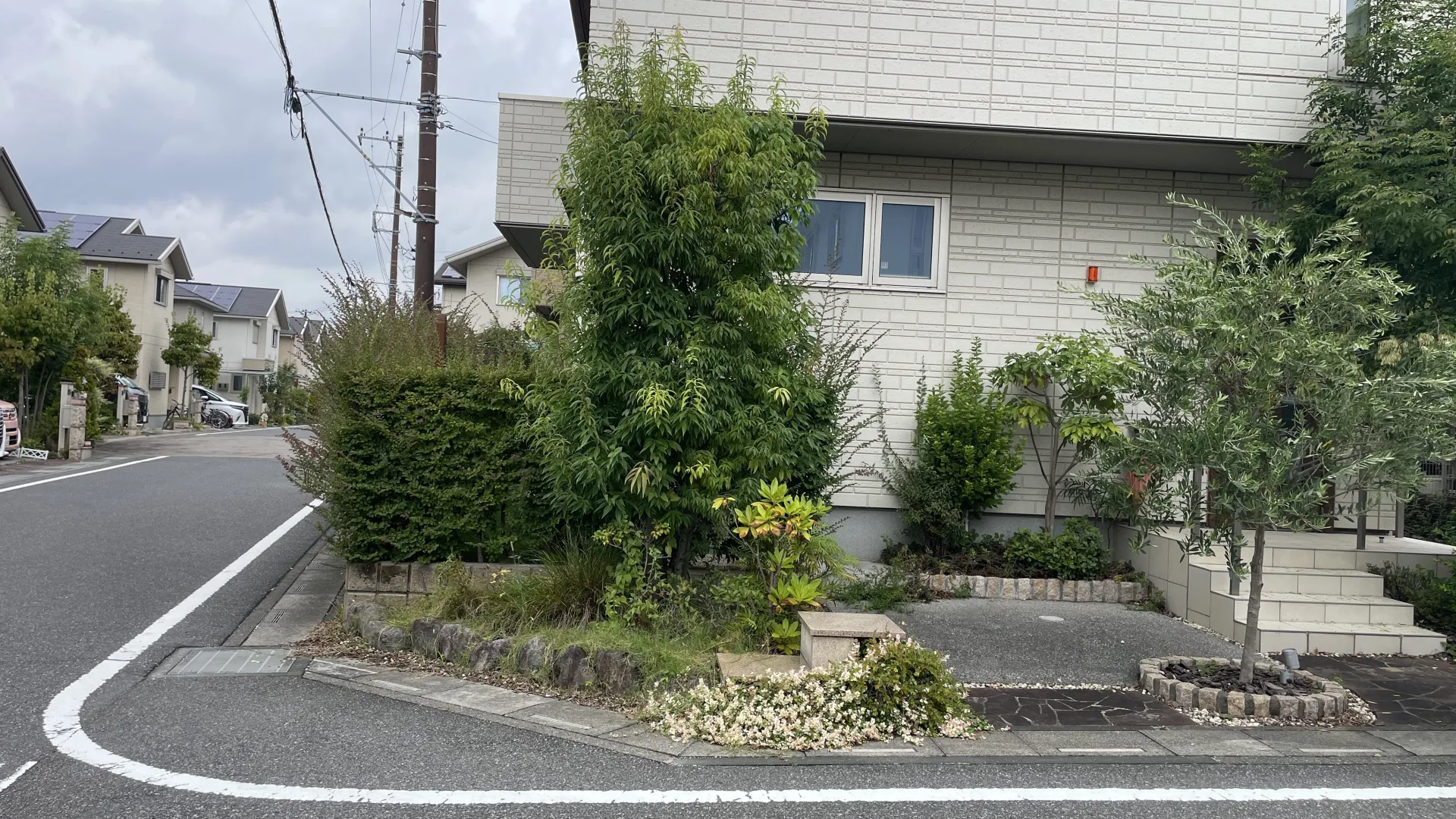 リフォーム前、生垣や雑草が生い茂り管理が大変だったお庭の様子。