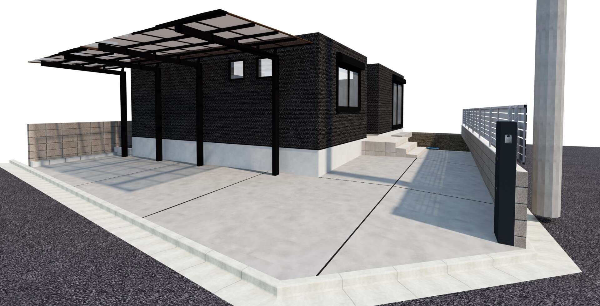 台形カーポートを含む外構全体の3D完成イメージ