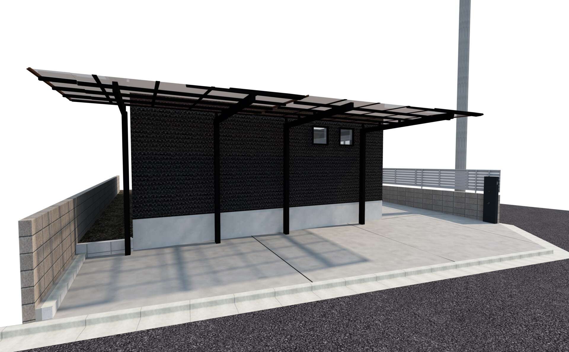  境界側から見た3Dパース。宅配ボックスや車の配置が分かる