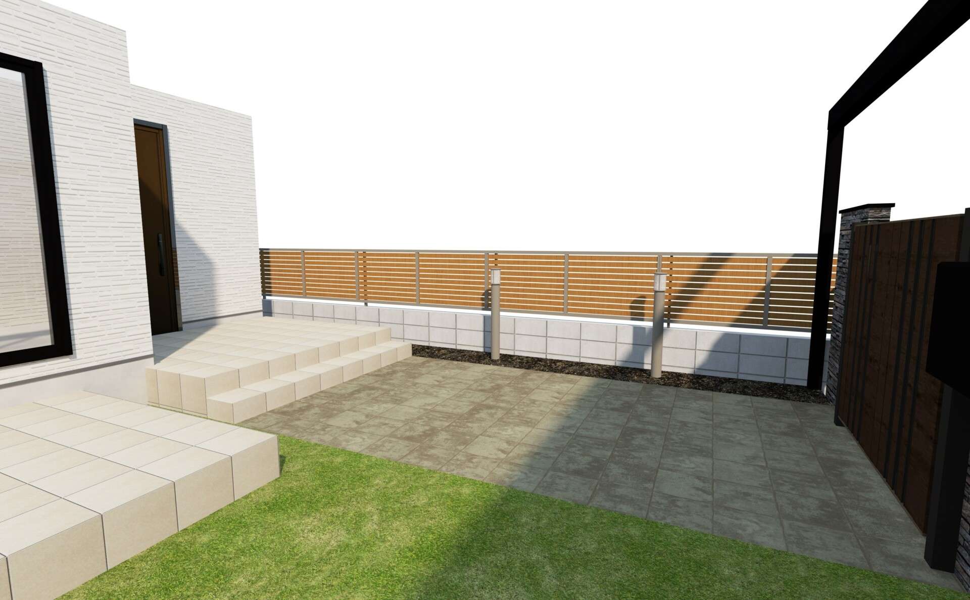 アプローチと人工芝、照明まで含んだ外構全体の3D完成図