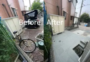 変形土地を活用した広々としたタイルデッキ空間