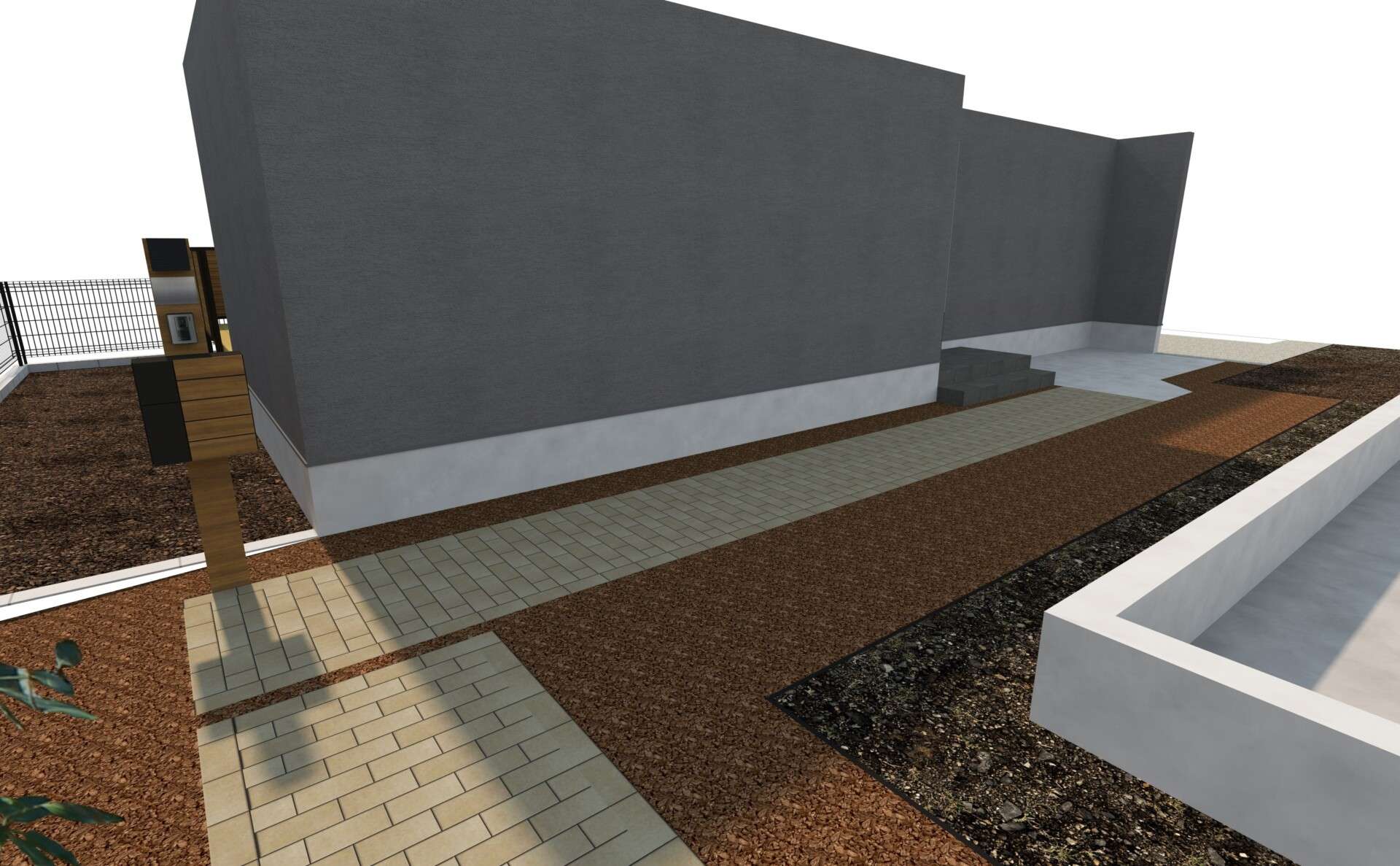 機能門柱や舗装デザインを確認できる外構パース