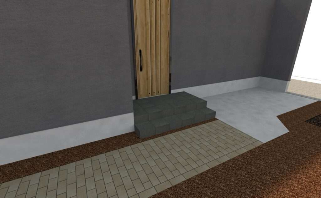 建物玄関とアプローチをの関係を立体的に再現した3Dパース図