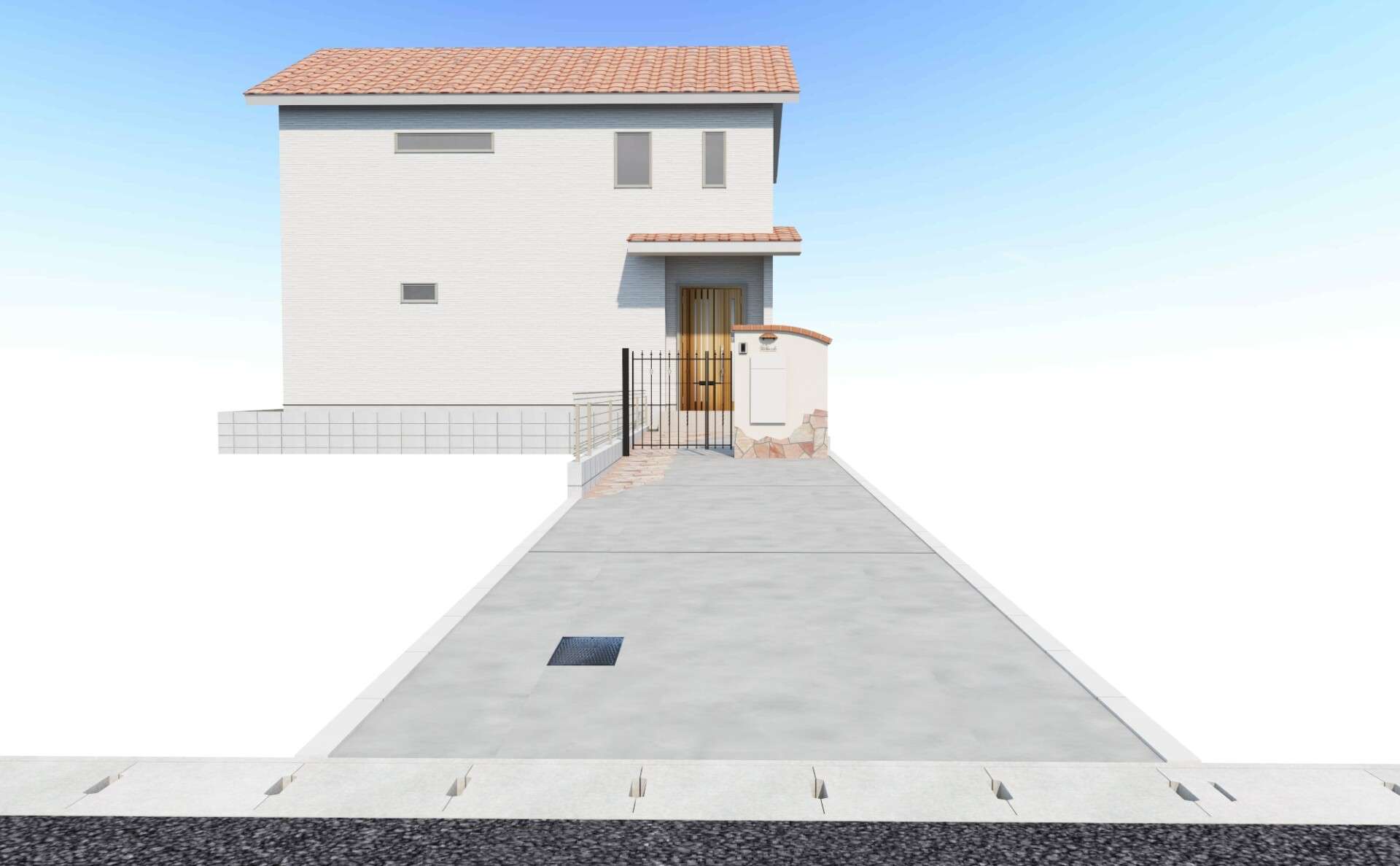 「3Dパースで確認した門袖と鋳物門扉の完成イメージ