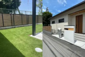 オリジナルの物干しかけと芝生、隣地におしゃれな木調アルミ目隠しフェンスが取り付けられた新築外構画像