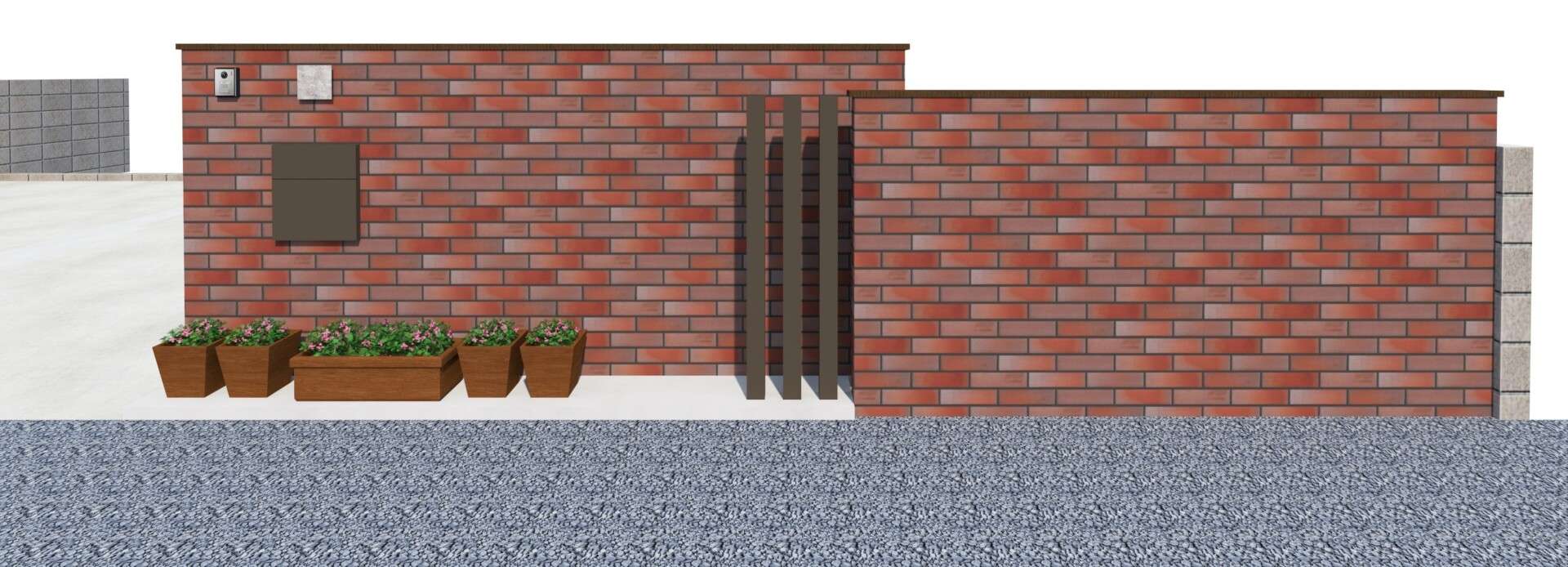 完成イメージを視覚化した3Dパース図、レンガタイル門塀のディテールを再現
