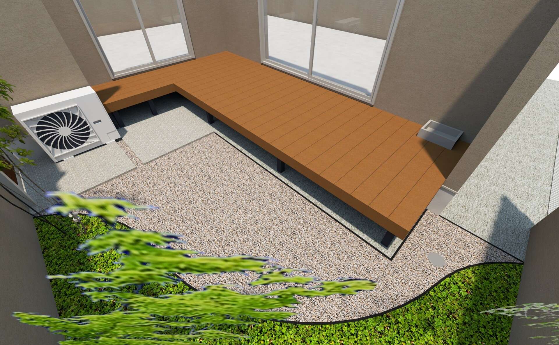 完成予想パース｜L字のウッドデッキ配置イメージ