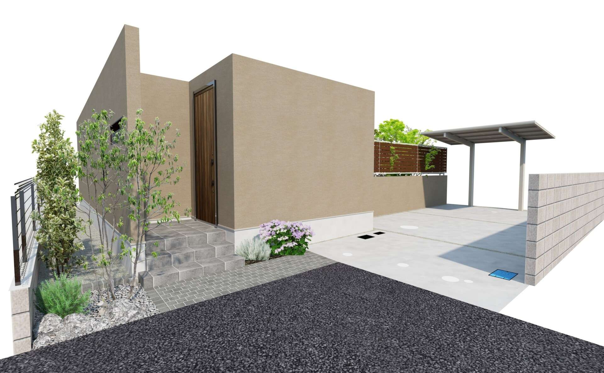 完成予想パース｜アプローチ・門まわりの全景