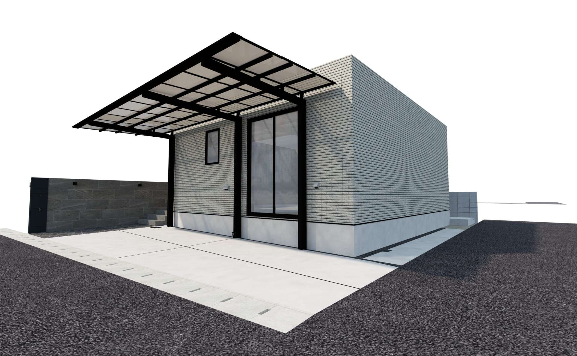 門塀やアプローチ、カーポートを含めた外構全体の3Dパース