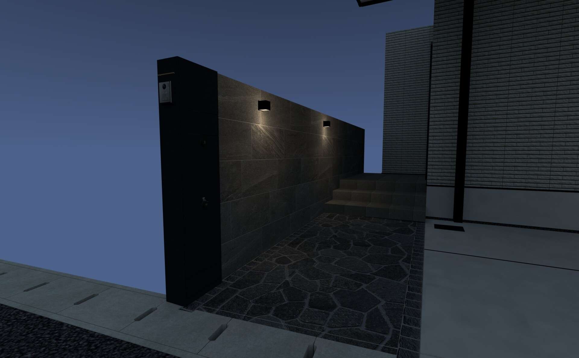 アプローチと門まわりを中心に描いたリアルな外構3Dパース