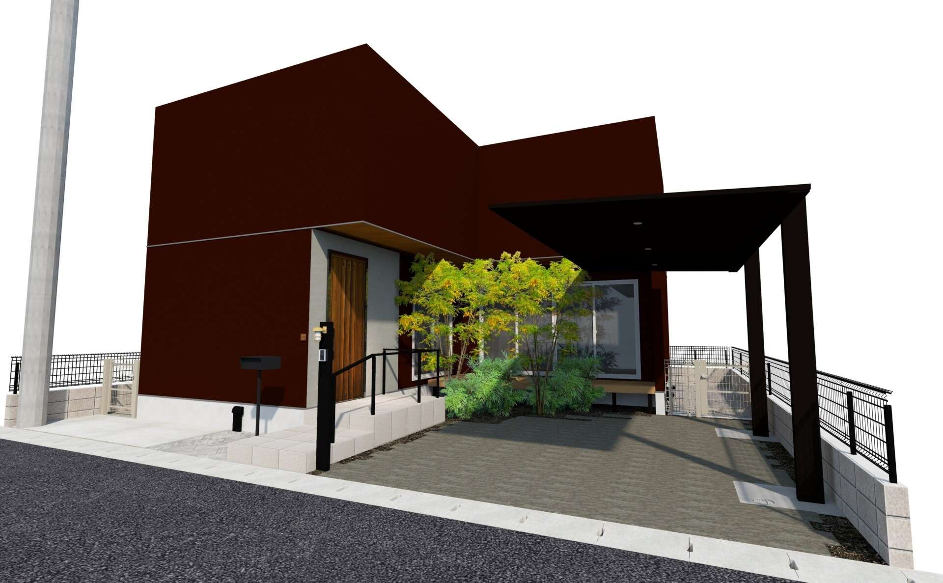 3Dパース：門柱・マリンランプ・カーポートを含む玄関まわりの外構イメージ