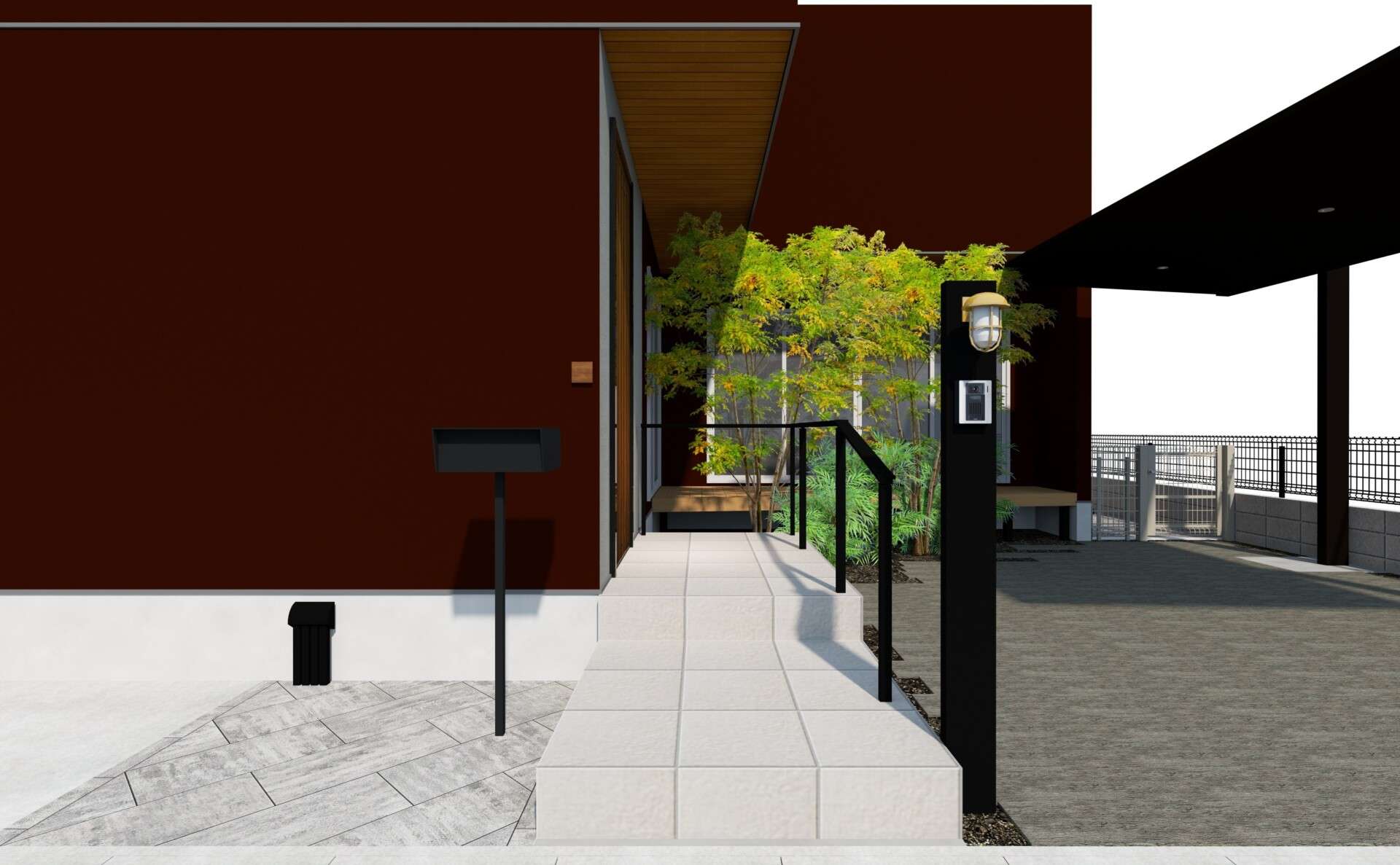 3Dパース：建物全体と外構の色味・素材の調和を確認できる完成イメージ