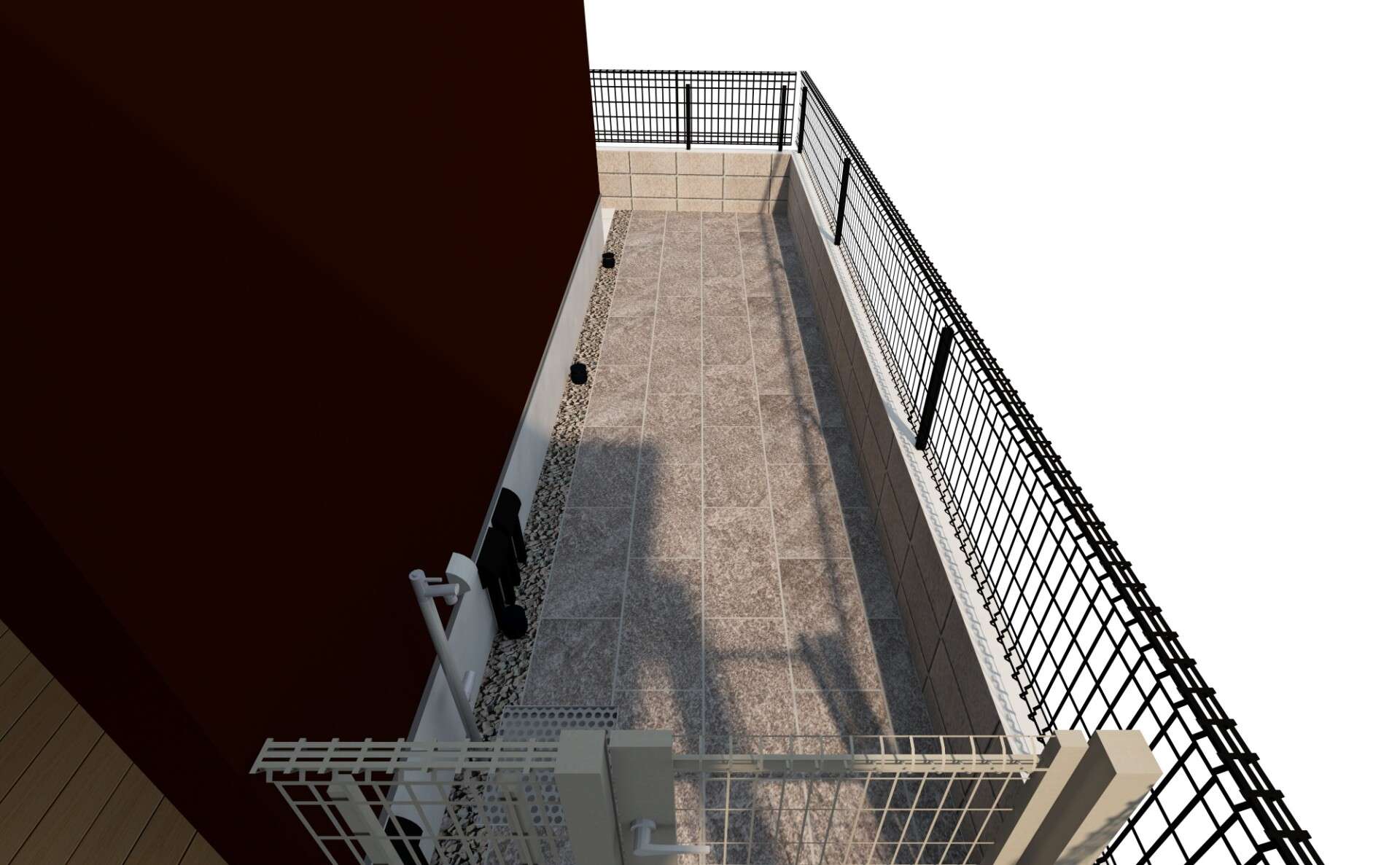 3Dパース：ブラックのYKKプレーンルーフとポール型ポスト、タイルアプローチの配置例