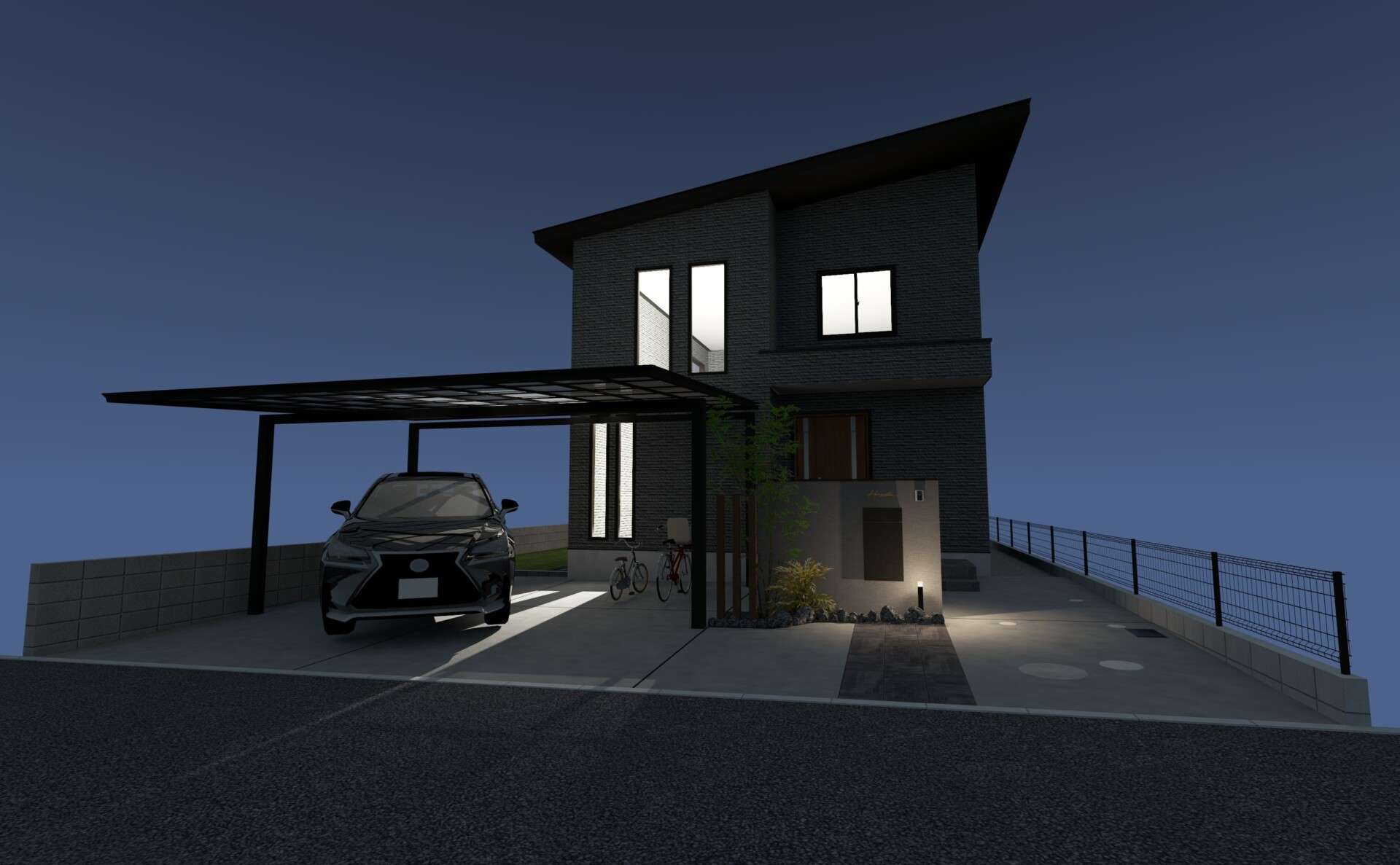 敷地全体のゾーニングが分かる外構全景3Dパース（夜景）