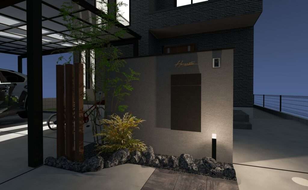 宅配ボックス付き門柱の位置関係が分かる外構3Dパース（夜景）