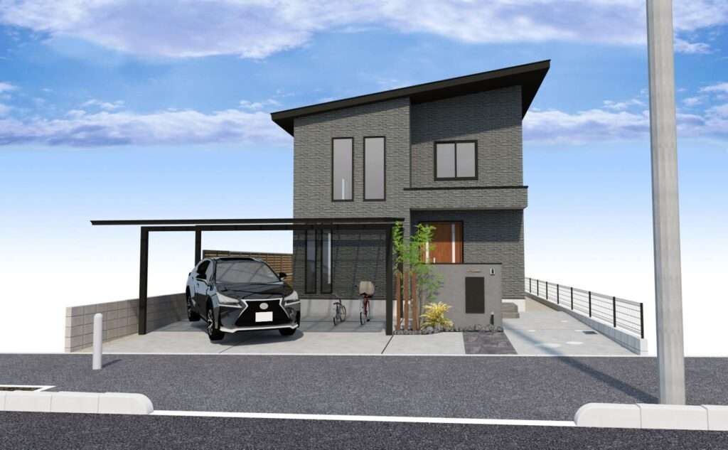 カーポートと駐輪スペースを一体化した3D外構提案（正面）