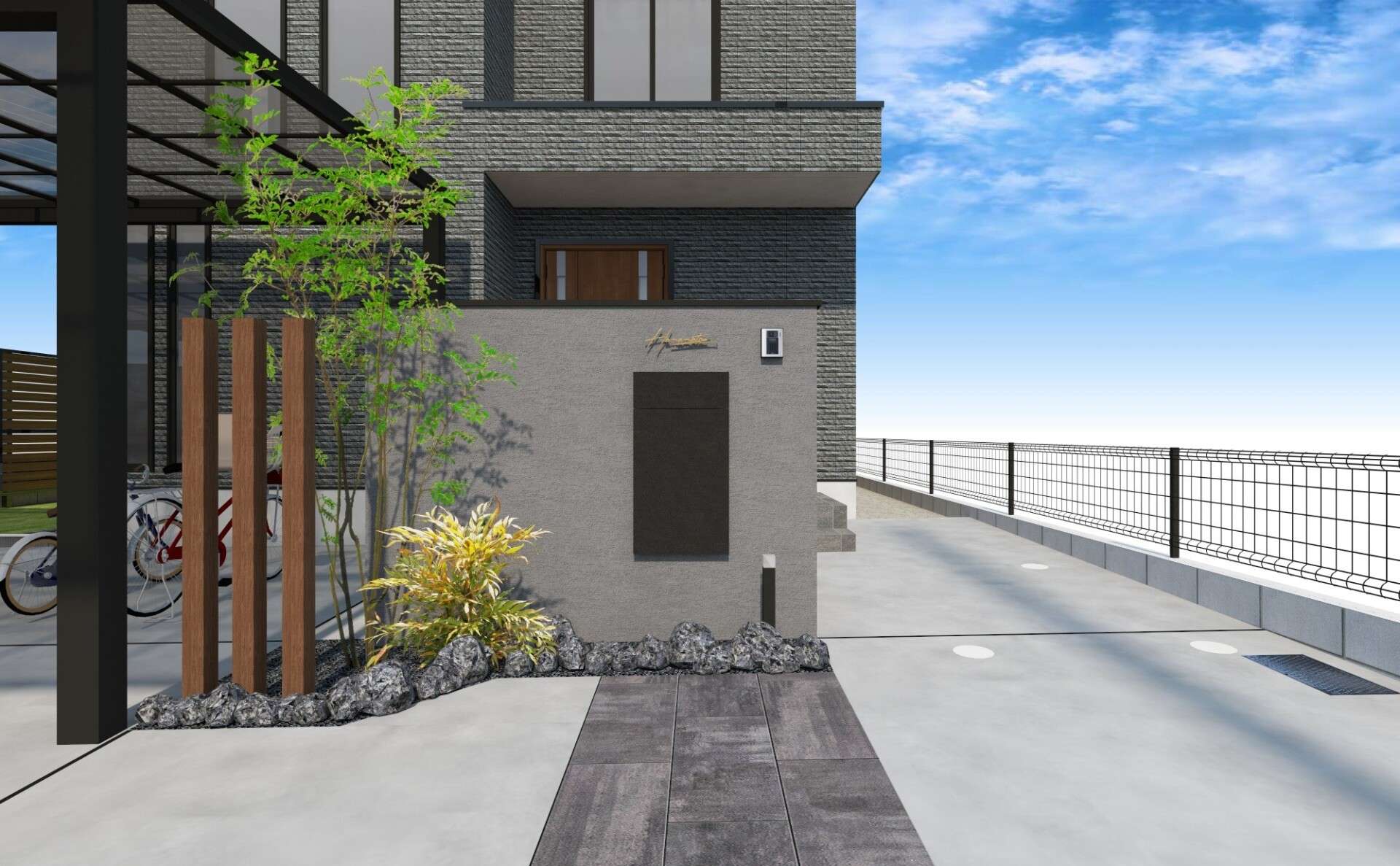 門柱とアプローチを中心に配置したモダン外構の3Dパース（正面）