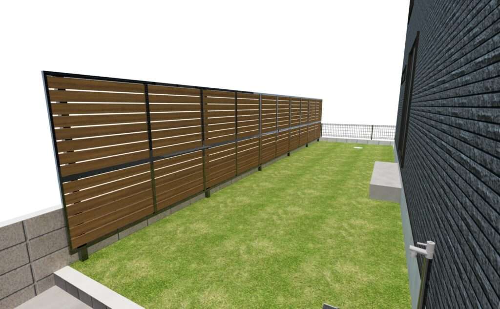 プライベートガーデンと目隠しフェンスの3Dパース（裏庭）