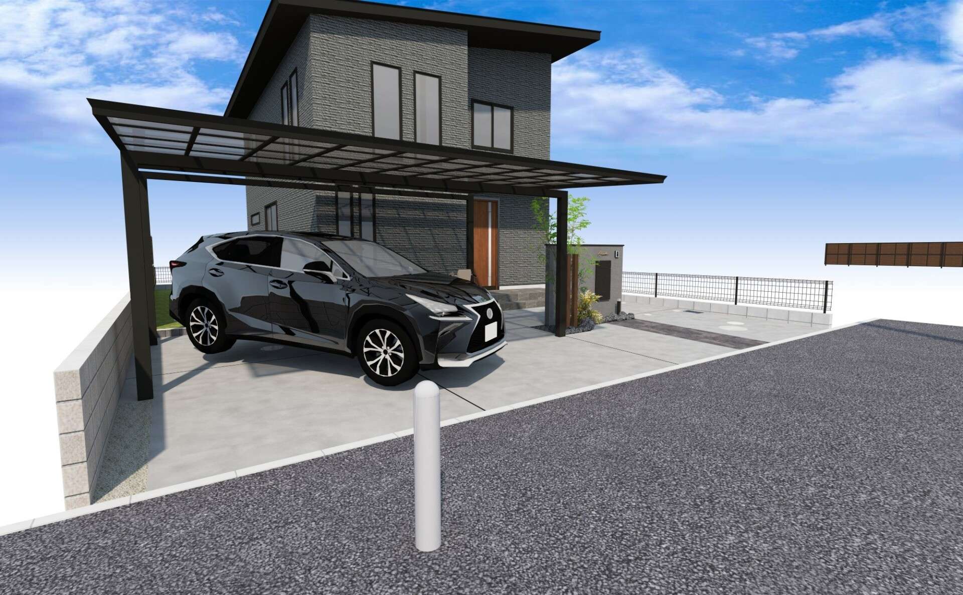 建物側面から見たカーポートと駐車スペースの3Dパース