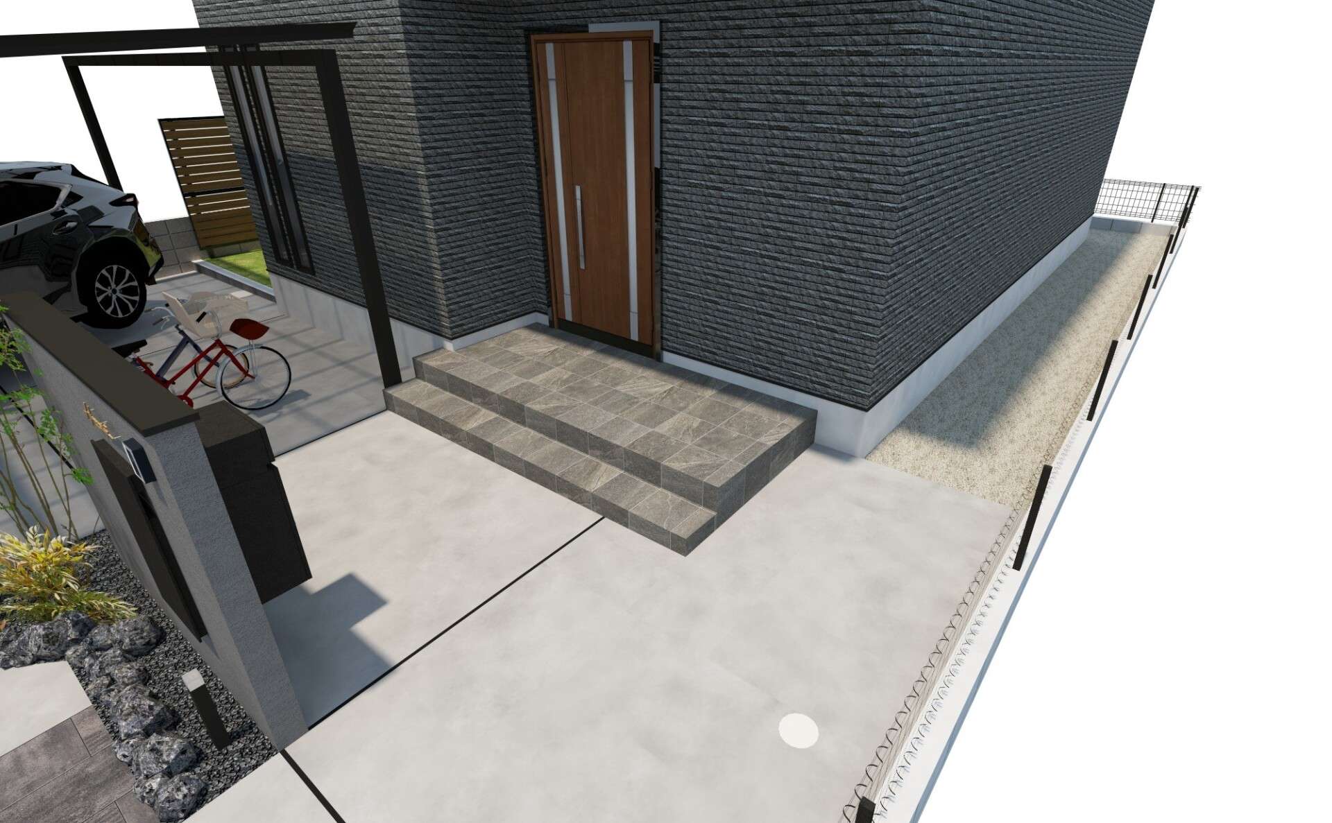 アプローチから玄関までの動線を表現した3D外構パース（斜め前）