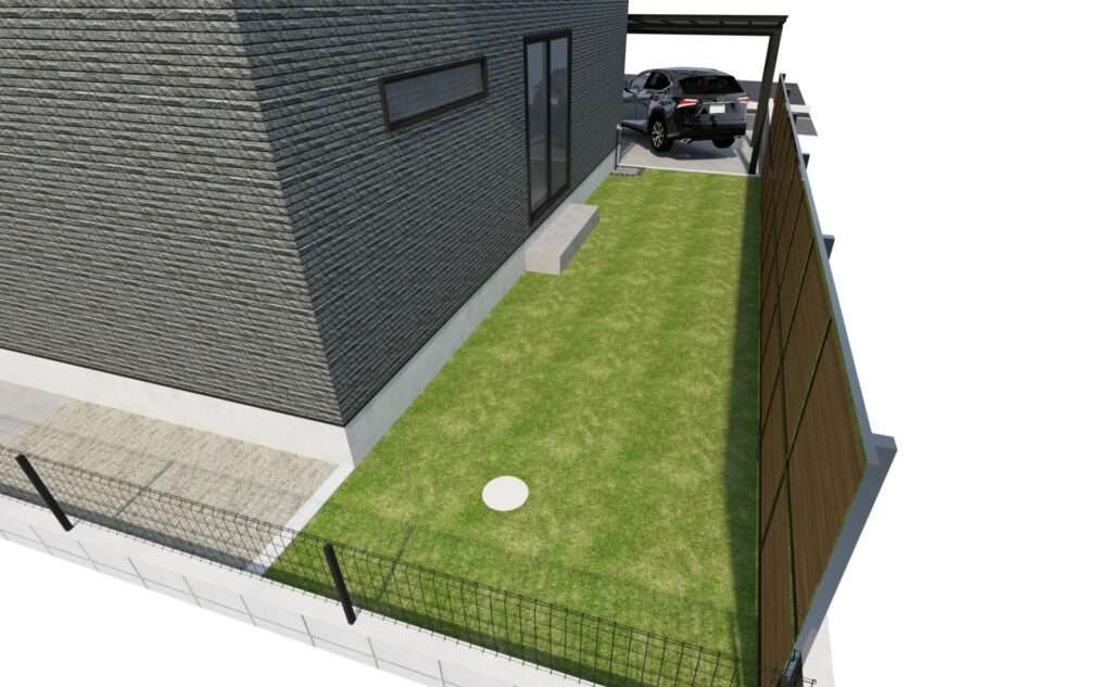 建物後ろから見たプライベートガーデンと目隠しフェンスの3Dパース（裏庭）